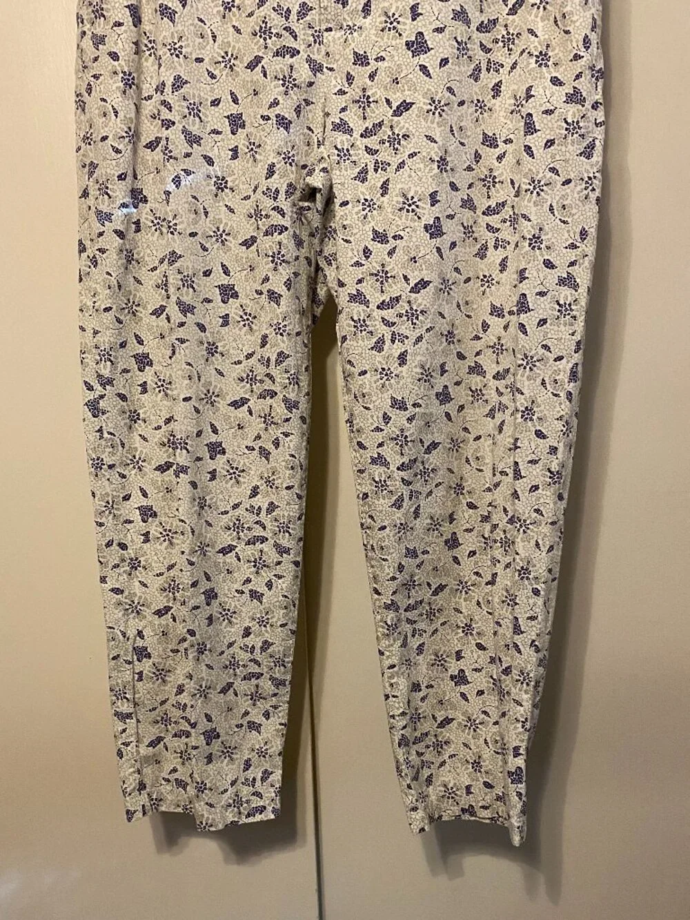L.L. Bean, beige pants w/purple/navy, zip front w/wood button & POCKETS, size L